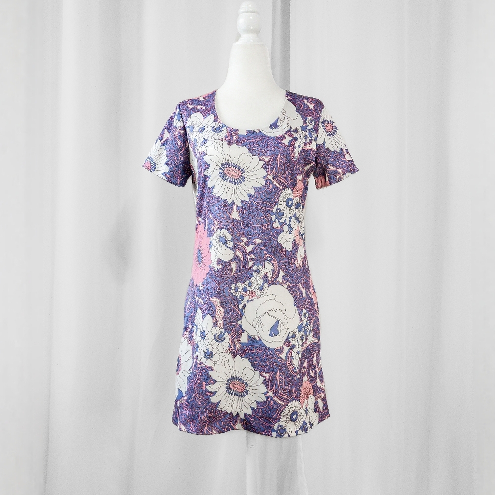 Vintage Purple & pink floral eclectic retro mod shirt dress